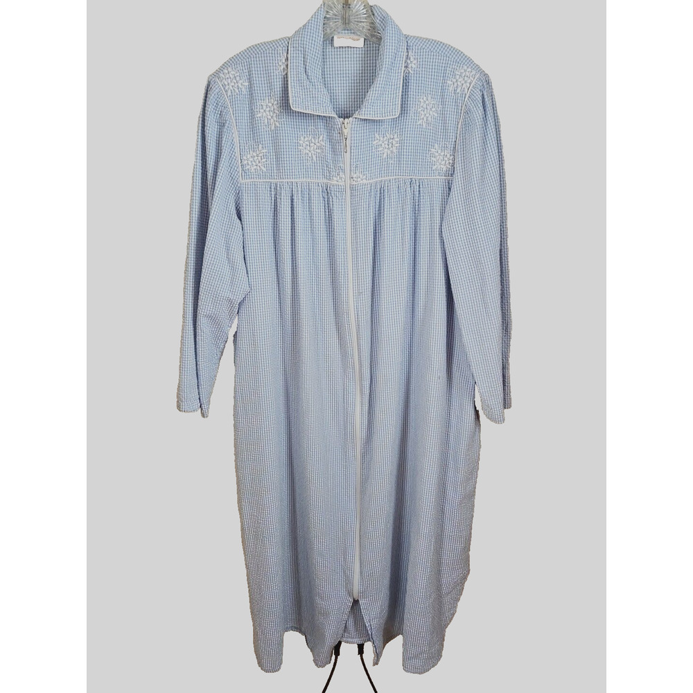 Barbizon House Dress Duster Sz L Seersucker Blue Checked Front Zip Pockets